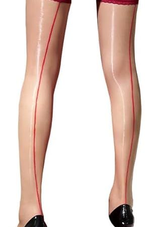 Backseam Thigh High Stockings for Women Sexy Red Lace Top Nude Stockings Stay Up with Anti-slip Silicone Shimmery Thigh High Nylons Silk Sheer Tights Lingerie for Women