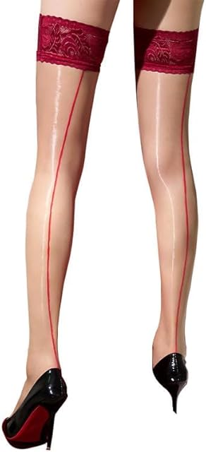 Backseam Thigh High Stockings for Women Sexy Red Lace Top Nude Stockings Stay Up with Anti-slip Silicone Shimmery Thigh High Nylons Silk Sheer Tights Lingerie for Women
