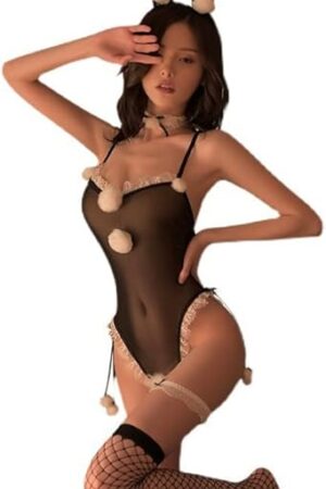 Women's Sexy Bunny Roleplay Lingerie Perspective Mesh Plush Rabbit Set One Piece Bodysuit Naughty Maid Costume
