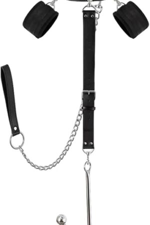 BDSM Bondage Anal Hook, Neck to Wrist Adjustable Restraints Kit, Fetish Leather Restraints Kit Including Anal Trainer, Handcuffs & Chain Leash Collar, SM Sex Toys Bed Games Accessories for Couples
