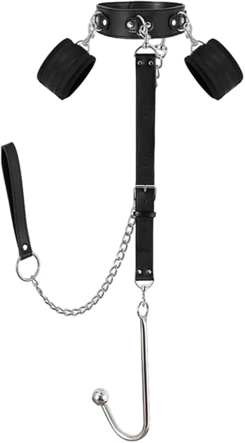 BDSM Bondage Anal Hook, Neck to Wrist Adjustable Restraints Kit, Fetish Leather Restraints Kit Including Anal Trainer, Handcuffs & Chain Leash Collar, SM Sex Toys Bed Games Accessories for Couples