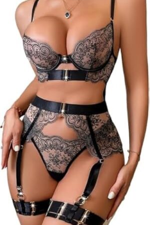 Lace Lingerie Set with Garter Belt Sheer Bra and Panty Floral Embroidery Adjustable Straps for Women Nightwear