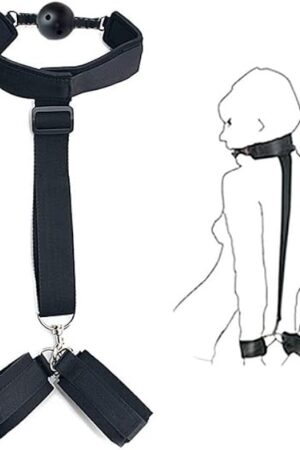Bondage Restraint Ball Mouth Gag with Handcuffs Fetish BDSM Collar Leather Ball Gag Restraint, SM Bed Restraint Kit Equipment for Couples Game, Adjustable Bondage Toys Fit Almost All Women
