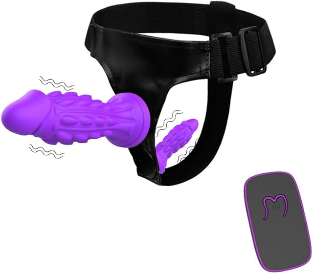 Harness Strap-On Dildos with 2 Silicone Dildos and 10 Strong Vibration Modes, Sex Toys with Adjustable Strap for Female Couple Lesbian, Anal G-spot Stimulation Realistic Dildo, Purple