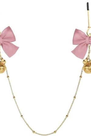 Golden Body Chain Adjustable Nipple Clamp with Chain Breast Shaking Bells Body Clamps Classic Ring Bell Forked Tail Body Jewelry Clip Gifts for Women (Bell-Bow-Pink)