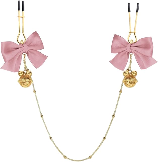 Golden Body Chain Adjustable Nipple Clamp with Chain Breast Shaking Bells Body Clamps Classic Ring Bell Forked Tail Body Jewelry Clip Gifts for Women (Bell-Bow-Pink)