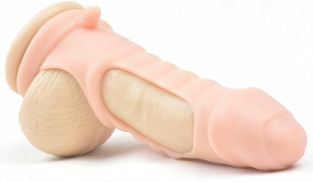 Honeypleasures Realistic Ribbed Penis Sleeve with Clitoral Stimulator, Reusable Condom, Increase 10% Girth for Extra G-Spot, Clitoral & Anal Stimulation (Flesh)