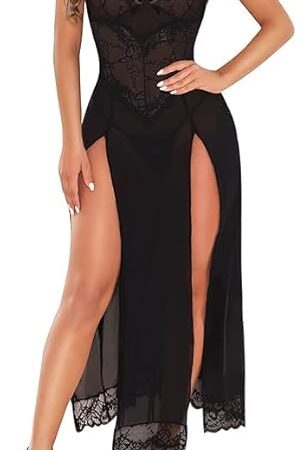 Women Lingerie Lace Babydoll High Split Maxi Long Gown V Neck Mesh Sleepwear Sexy Babydoll Lingerie
