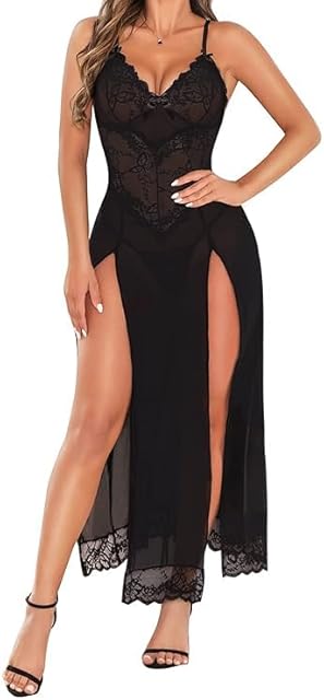 Women Lingerie Lace Babydoll High Split Maxi Long Gown V Neck Mesh Sleepwear Sexy Babydoll Lingerie