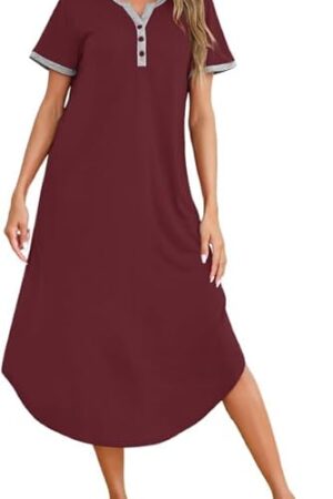 Women Nightgown Sexy Long Nightshirt Short Sleeve Full Length Sleepwear Sleep Shirt for Women S-3XL