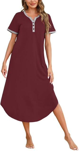 Women Nightgown Sexy Long Nightshirt Short Sleeve Full Length Sleepwear Sleep Shirt for Women S-3XL