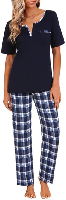 Women's Pajama Set Short Sleeve Soft Plaid Pajamas Top and Pants Sleepwear Pjs Lounge Set S-2XL