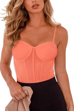 Women's Trendy Sexy Mesh Sheer Spaghetti Strap Going Out Slimming Bustier Corset Bodysuit With Built In Bra