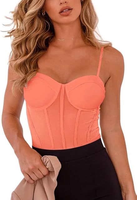 Women's Trendy Sexy Mesh Sheer Spaghetti Strap Going Out Slimming Bustier Corset Bodysuit With Built In Bra