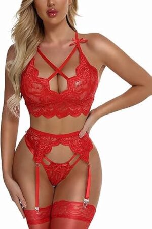 Xmas Womens Sexy Lingerie with Garter Belt 3 Piece Floral Lace Bra G-String Lady Teddy Babydoll Embroidery Nightwear