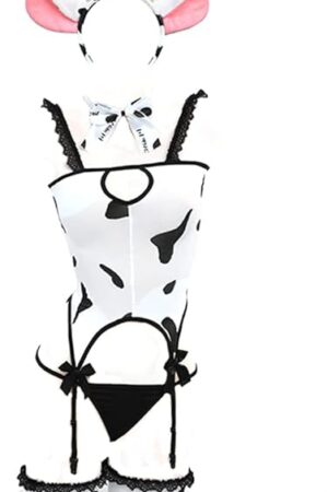 Womens Sexy Maid Cosplay Lingerie Furry Milk Cow Costume Kawaii Anime Bikini Set Mini Leopard Bra and Panty Outfit (White3)