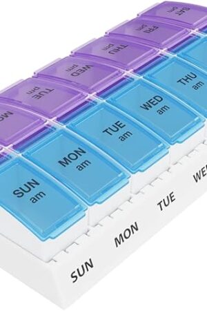 EZY DOSE Weekly (7-Day) AM/PM Pill Case, Medicine Planner, Vitamin Organizer Box, Small Pop-out Compartments, 2 Times a Day, Blue and Purple Lids, BPA Free