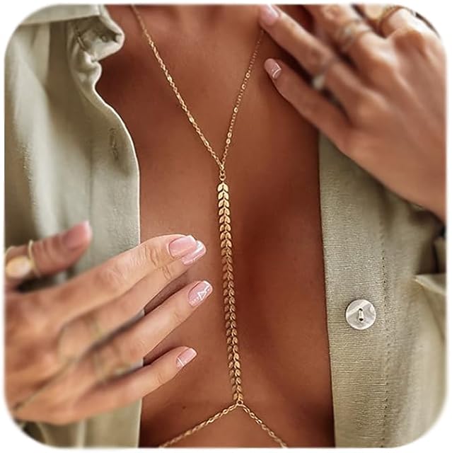 Gold Body Chain Jewelry for Women Back Necklace for Backless Dress Backdrop Pearl Rhinestone Belly Chain Waist Chains Bra Chains Lingerie Summer Bikini Bodychain Trendy Sexy Stomach Jewelry