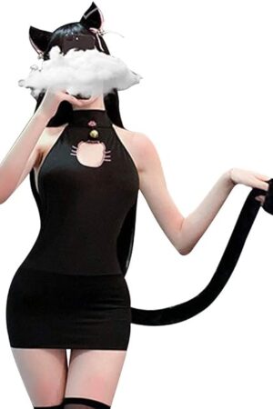 Anime Cat Lingerie Cute Cat Face Keyhole Bodycon Dresses Cosplay Costume