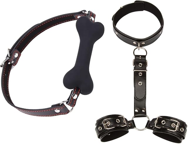 BDSM Restraints Kit Dog Bone Mouth Gag and Sex Handcuffs Collar Neck to Wrist Bondage Gear & Accessories Kit Sex Toy for Lover Couple Slave SM Game