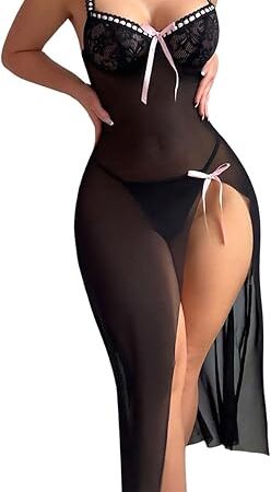 Women's Bow Lace Lingerie Babydoll Sexy Mesh Slip Dress High Slit Long Nightgown Chemise