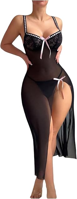 Women's Bow Lace Lingerie Babydoll Sexy Mesh Slip Dress High Slit Long Nightgown Chemise