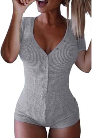 Women's Sexy Deep V Neck Shorts Short Sleeve Knitted One Piece Bodysuit Sexy Pajama Onesie Bodycon Rompers Overall
