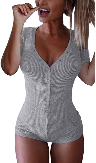 Women's Sexy Deep V Neck Shorts Short Sleeve Knitted One Piece Bodysuit Sexy Pajama Onesie Bodycon Rompers Overall