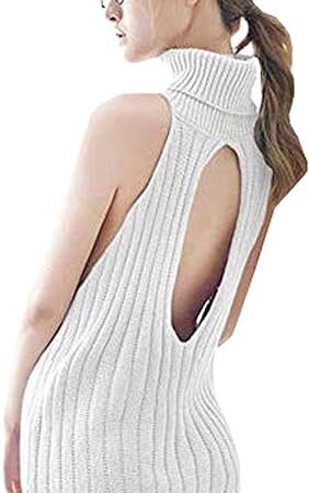 Japan Style Women's Turtleneck Pullover Deep V-Neck Sleeveless Knitted Hi Low Anime Sweater Vest Top
