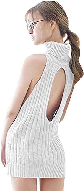 Japan Style Women's Turtleneck Pullover Deep V-Neck Sleeveless Knitted Hi Low Anime Sweater Vest Top