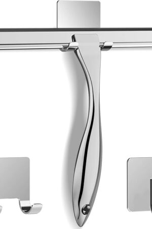 All-Purpose Stainless Steel Shower Squeegee for Shower Glass Door with 2 Adhesive Hooks, Bathroom Cleaner Tool Household Window Mirror Squeegee , Cleaning Tile Wall, Car, 10 Inch Silver
