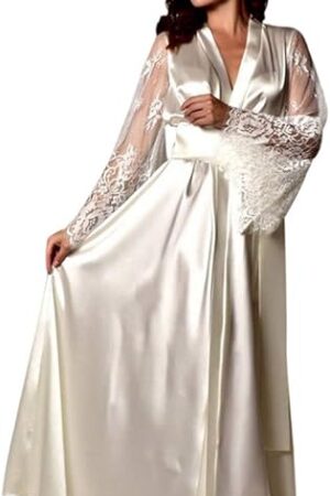 Womens Long Silk Robes Floral Lace Long Satin Robes for Women Full Length Lingeries Sleepwear Sexy Robe Nightgowns