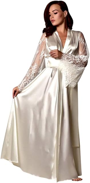 Womens Long Silk Robes Floral Lace Long Satin Robes for Women Full Length Lingeries Sleepwear Sexy Robe Nightgowns