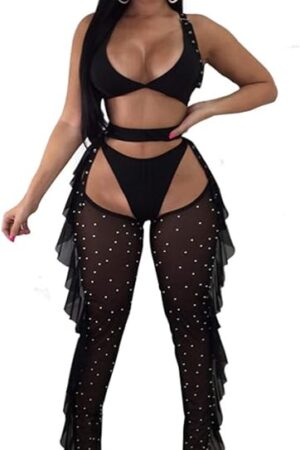 Women's Sexy 2 Pieces Outfit See Through Crop Top and Pants Sets Mesh Cover Up Backless Jumpsuits Clubwear
