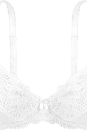 Angie Sexy Sheer Lace Balconette Bra, See Through Non-Padded Unlined Demi Plus Size Women's Comfort Everyday Underwire Bra - White -36C