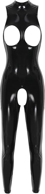 Women Sexy Hollow Out Bodysuit Lingerie Clubwear Patent Leather Invisible Zipper Latex Catsuit