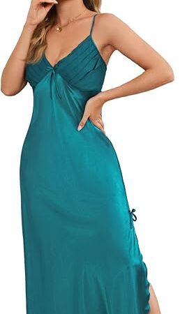 Womens Satin Nightgown Sexy Lingerie Sleepwear Spaghetti Strap Nightdress V Neck Chemises Silky Long Slip Dress