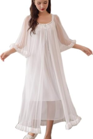 Womens Sexy Vintage Loungedress Nightgown 2 pcs Victorian Sleepwear Nightshirt Girls Pajamas