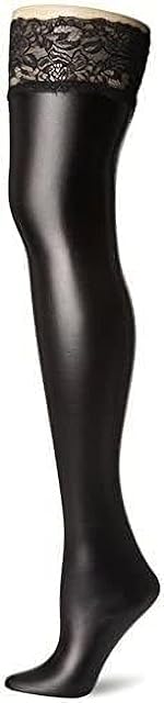 Women's Lingerie Black Lycra Wet Look Thigh High Stockings With Lace