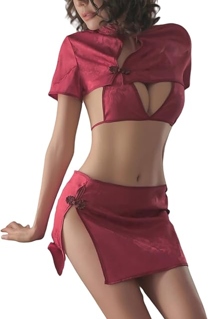 Cheongsam Lingerie Set for Women Chinese Sexy Qipao Anime Cosplay Costume Shirt Top