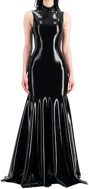 Women Sleeveless Wet Look PVC Leather Maxi Dress Faux Latex Mermaid Floor-Length Dress Party Club Outfit