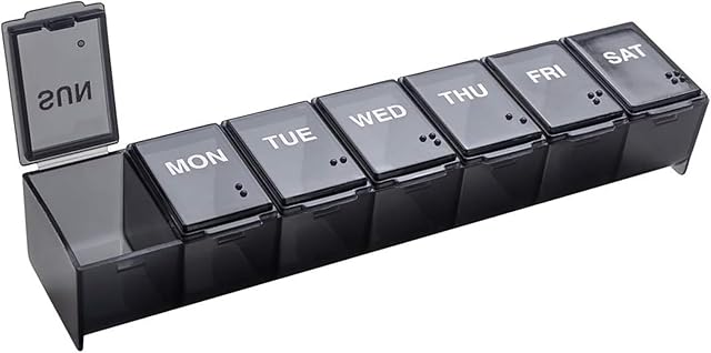 EZY DOSE Weekly (7-Day) Daily Pill Case, Medicine Planner, Vitamin Organizer, Supplement Container, Convenient and Easy to Use, Large Compartments, Travel Friendly, Black, Made in the USA, BPA Free