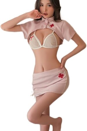 Anime Nurse Cosplay Japanese Mesh Lingerie Outfit with Adjustable Bow, One Size Pink