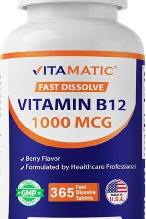 Vitamatic Vitamin B12 1000 mcg Fast Dissolve ? 365 Tablets ? Natural Berry Flavor ? Supports Energy Metabolism & Nervous System Health
