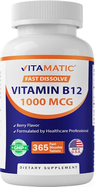 Vitamatic Vitamin B12 1000 mcg Fast Dissolve ? 365 Tablets ? Natural Berry Flavor ? Supports Energy Metabolism & Nervous System Health