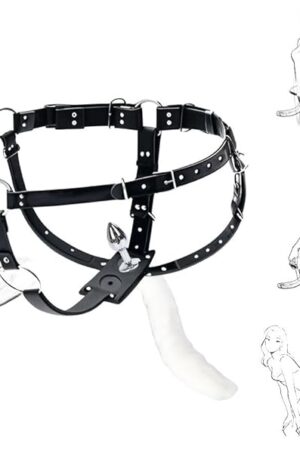 BDSM Strapon Dildo Harness with Butt Plug ? Double Penetration Adjustable Black Leather Dildo Belt for Couples ? Fetish Strap Toy for Dominance & Submission Play (32"+Waist)