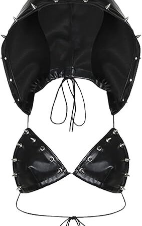 Womens Punk Metallic Spiked Hooded Biker Bra Top Sexy Strappy Criss Cross Crop Tank Bralette for Nightclub Festival Party Wear
