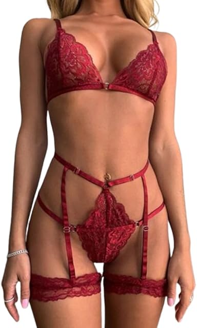 Women Sexy Lace Floral Lingerie Set with Garter Belt 3 Piece Strappy Underwire Bra and Panty Set Naughty Babydoll