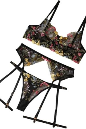 3 Piece Vibrant Floral Embroidered Lingerie Set for Women Sexy Sheer Underwire Bra Panty Cute Garter Belt Lingerie