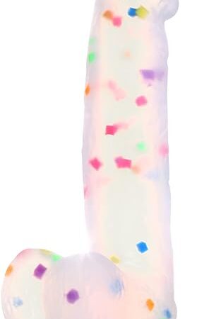 6.5 Inch Confetti Clear Silicone Dildo with Flared Suction Cup Base for Hands-Free Play, Flexible Dildo with Curved Shaft and Balls for Vaginal G-Spot and Anal Prostate